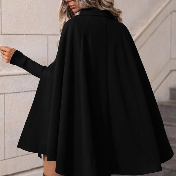 Black Casual Womens Double Breasted Cloak Sleeve Cape Overcoat - Picture 3 of 5